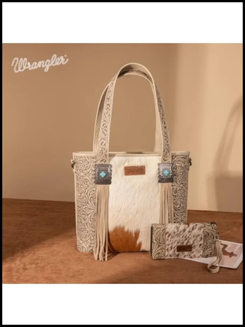 Western Cowhide Hair-On Leather Tote Bag with Turquoise Concho